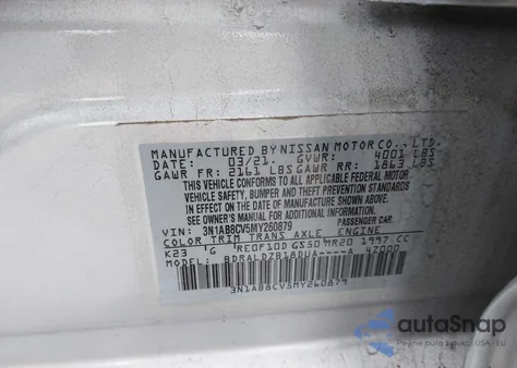 2021 Nissan Sentra Sv Xtronic Cvt из США, поврежденный, VIN 3N1AB8CV5MY260879